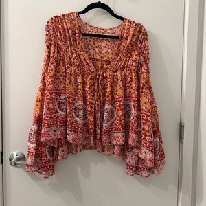 Free people Boho Printed Peasant Blouse - Red & Yellow Floral